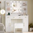 thumbnail image 3 of Vanity Makeup Desk with Mirror and Lights, Farmhouse Vanity Table Set with Storage Drawers, Charging Station & Chair, 43" Large Rustic Dressing Table, 3 Lighting Modes for Women Girls Bedroom, 3 of 8