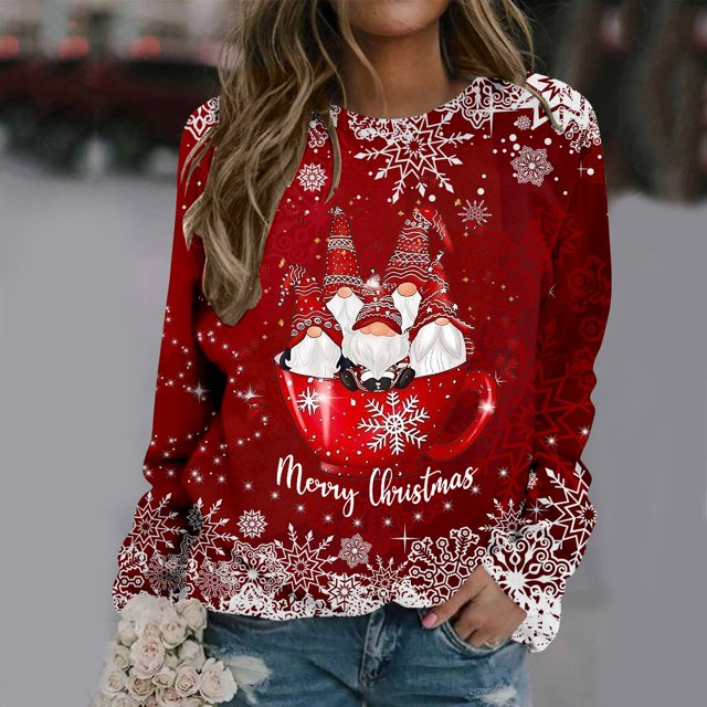 Pavied Chandails à Capuchon pour Femmes, Chandails à Capuchon Graphiques, Pull à Manches Longues Col Rond Joyeux Noël Imprimé, Chandail en Molleton pour Femmes, Chandails en Molleton Col Rond, Pulls à Capuche pour Femmes, Rouge TG