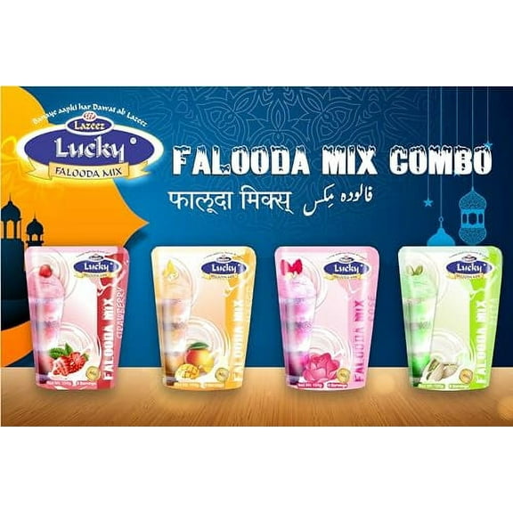 Lucky Masala Falooda Mix Combo Pack Of 4 (200gm Each) Flavors: Pista, Strawberry, Mango, Rose. Cold Indian Sweet Dessert