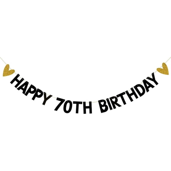 HAPPY 70TH BIRTHDAY Banner,Pre-Strung,Black Paper Glitter Party Decorations for 70 Years Old 70TH Birthday Party Supplies Letters Black