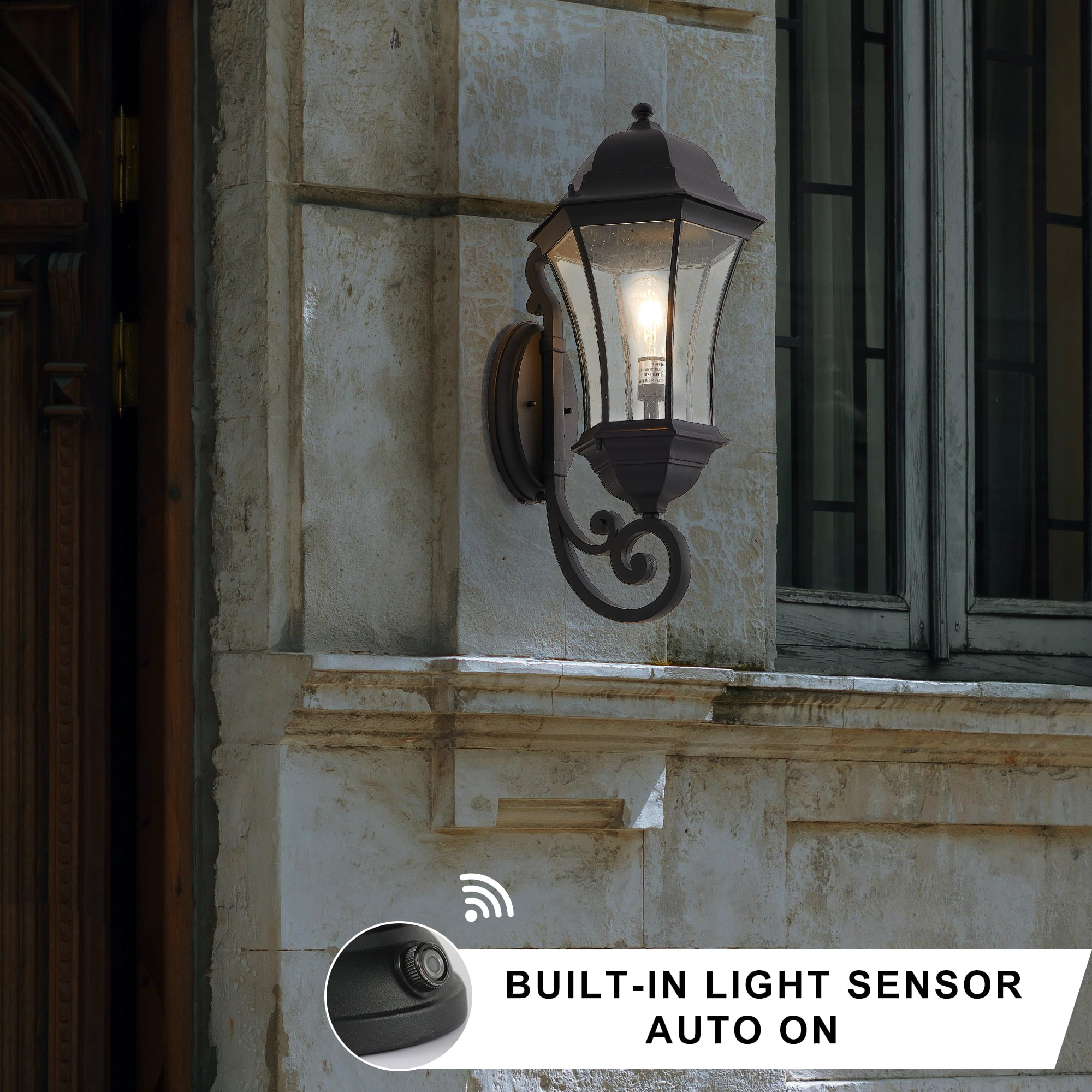 Outdoor Wall Lantern 27 Inch H with Dusk to Dawn Sensor Weatherproof Light with Clear Bubble Glass, Black