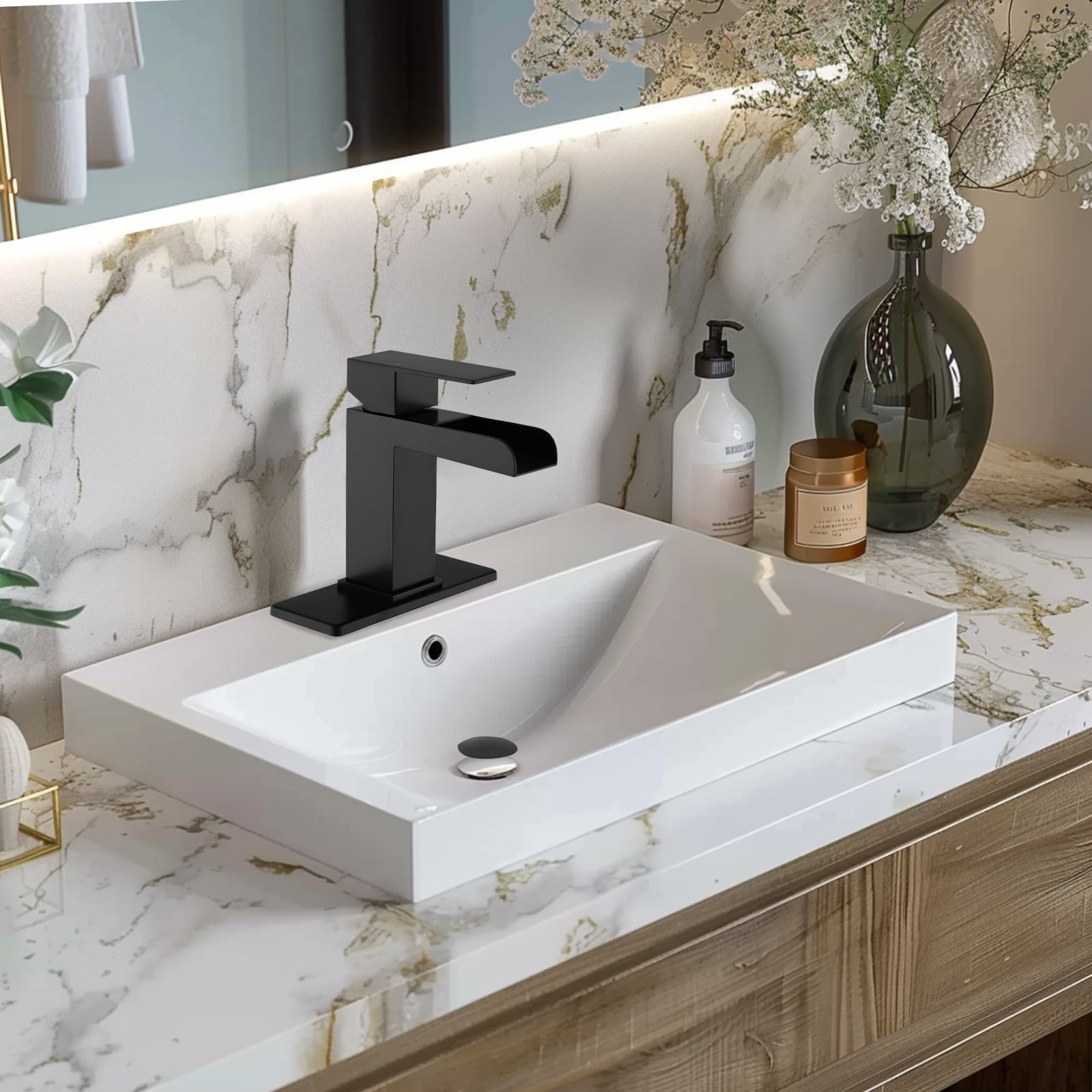 Cobbe Single-Handle Bathroom Sink Faucet for Vanity Single-Hole with Pop-Up Drain Bathroom Faucet Matte Black