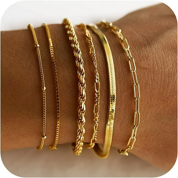Gold Bracelets for Women Waterproof, 14K Gold plated Jewelry Sets for Women Trendy Thin Dainty Stackable Cuban Link Paperclip Chain Bracelet Pack Gifts for Womens