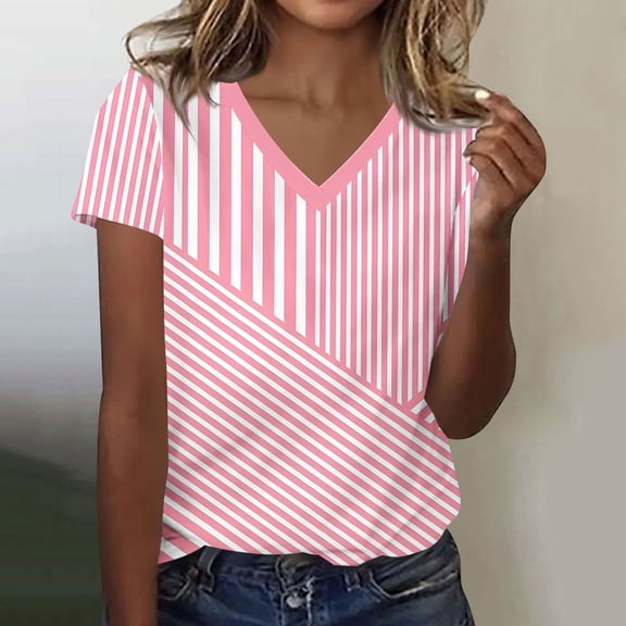 Zorckvet Casual Shirts for Women Blouses Loose Fit Plus Size Short Sleeve Fashion Striped Round Neck Womens Tops
