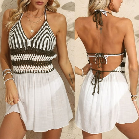 MJTBGFSWG Bikini Cover Ups for Women Striped Color Block Bikini Cover Up Dress with Tie Design Beach Crochet Panel Maxi Dress for Beach Wear