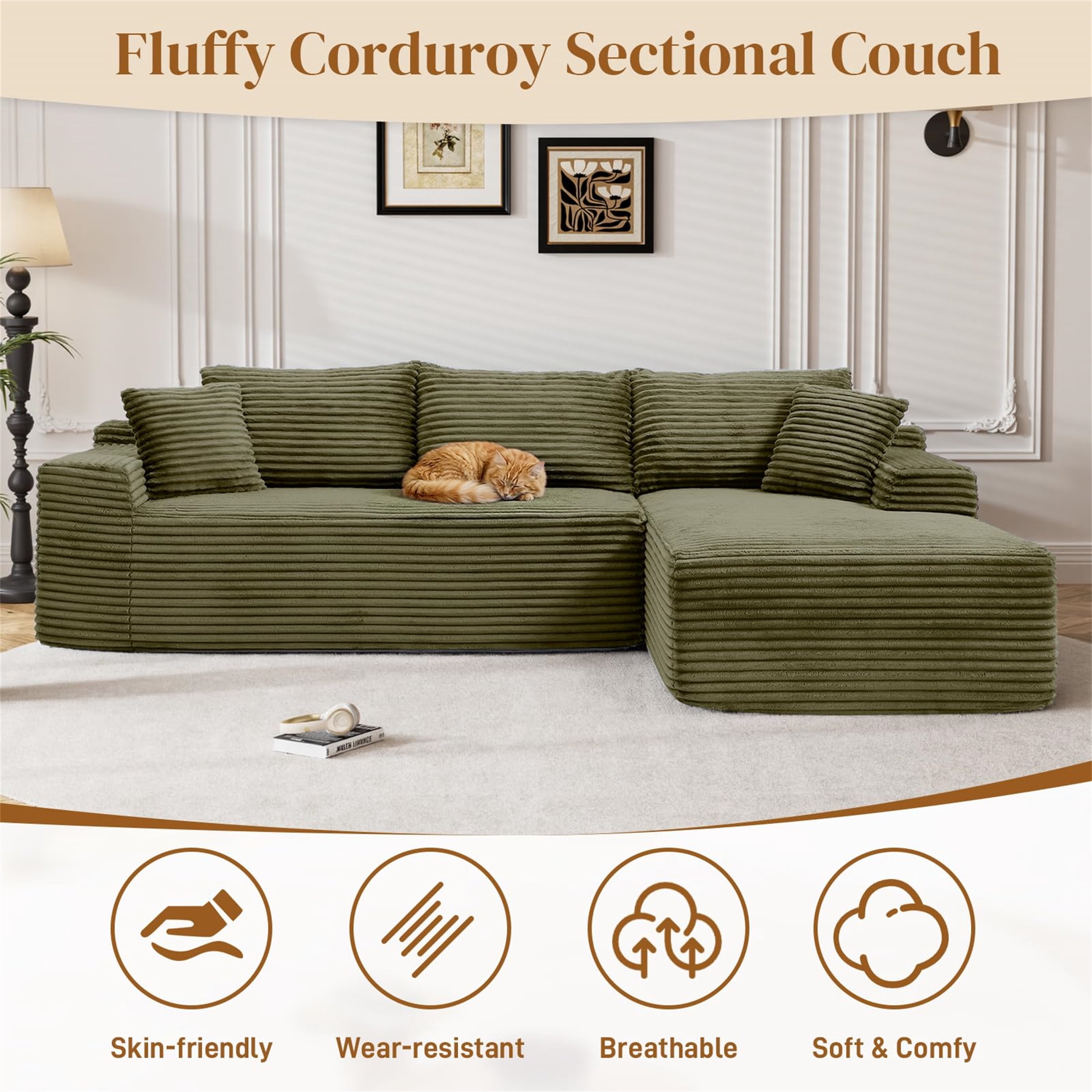 Aukfa 96" Cloud Sectional Sofa Deep Seat Boneless Couch Modular L-Shaped Couch, Right Chaise Corduroy Sofa for Living Room, Green