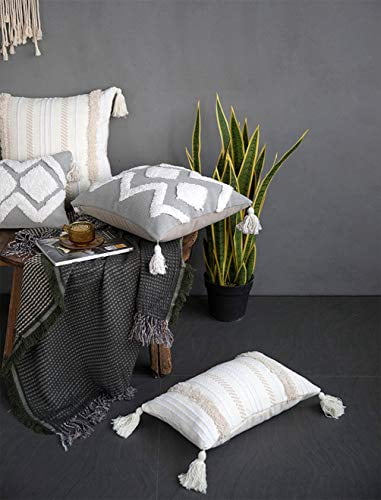 Fennco Styles Handmade Tufted Woven Tassel Decorative Throw Pillow Cover 20" W x 20" L - White Boho Cushion Case for Home, Couch, Living Room, Bedroom, Office Décor