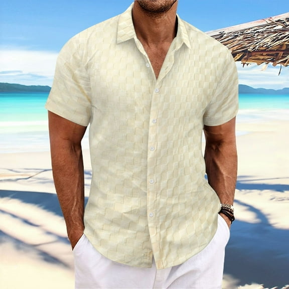 Summer Savings!Fznquz Big and Tall Shirts for Men Summer Tees Untucked Short Sleeve Button Down Plain Beige Men's Fashion