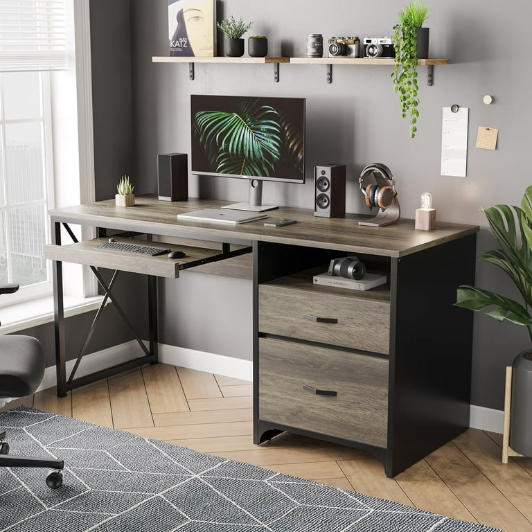 Bestier 55 Inch Industrial Office Desk With Drawers & Keyboard Tray - Dark Gray Oak