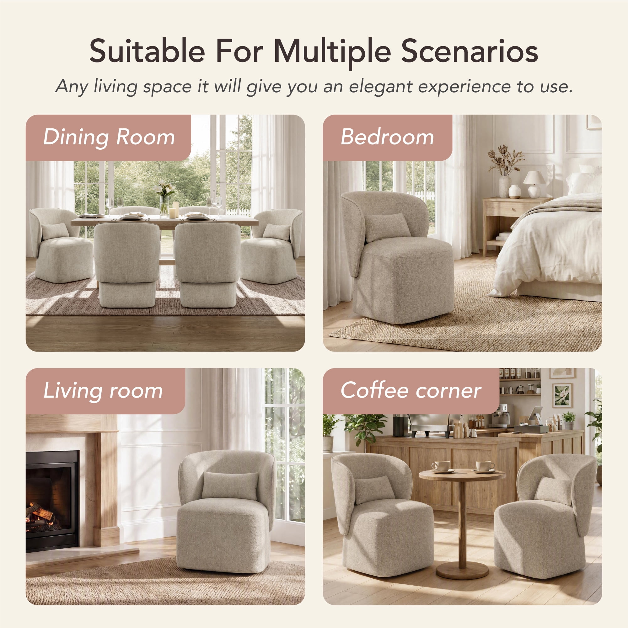 Spruce & Spring Rolling Dining Chairs, Spill-Proof & Stain Resistant Barrel Armchair with Casters, Modern Upholstered Seat and Removable Back Support Pillow for Kitchen Living Room, Khaki