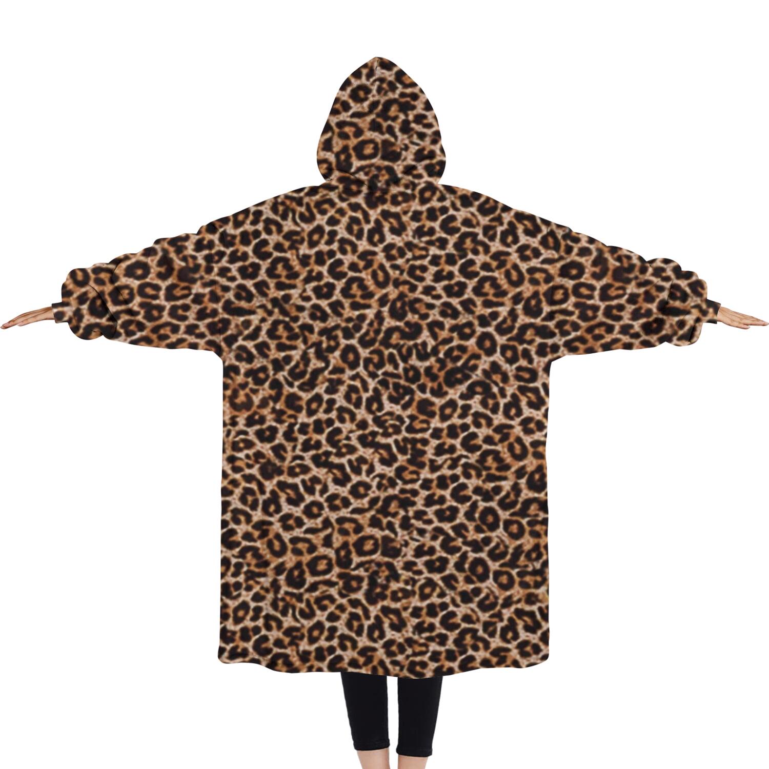Oversized Wearable Blanket Hoodie,Brown and Black Leopard Print Sherpa Blanket Hoodie with Super Pockets,Super Warm Fuzzy Pullover for Women & Men