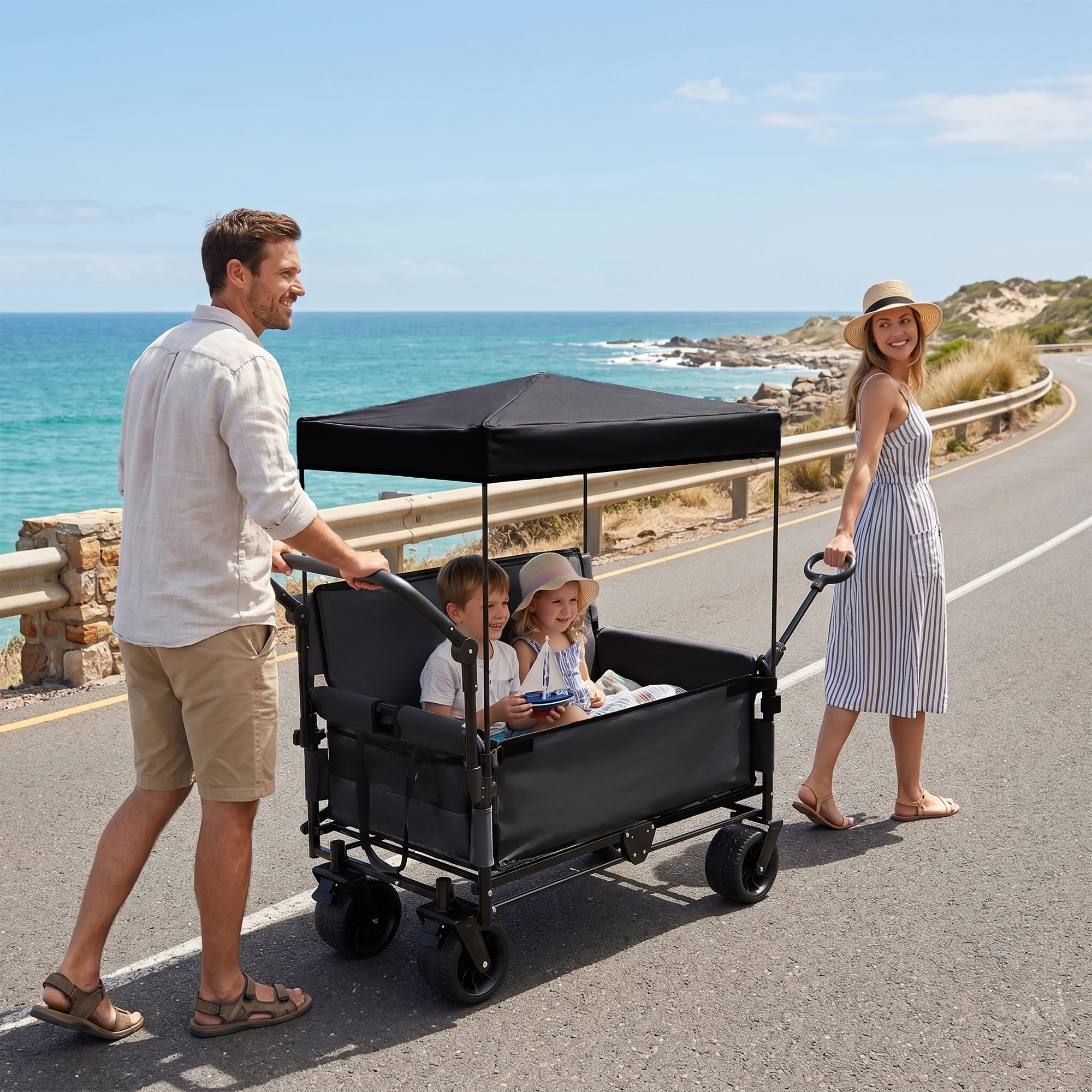3-in-1 Folding Wagon with Bench Seat & Canopy, 500LBS Heavy-Duty 180L Capacity All-Terrain Cart for Camping Beach Garden Sports