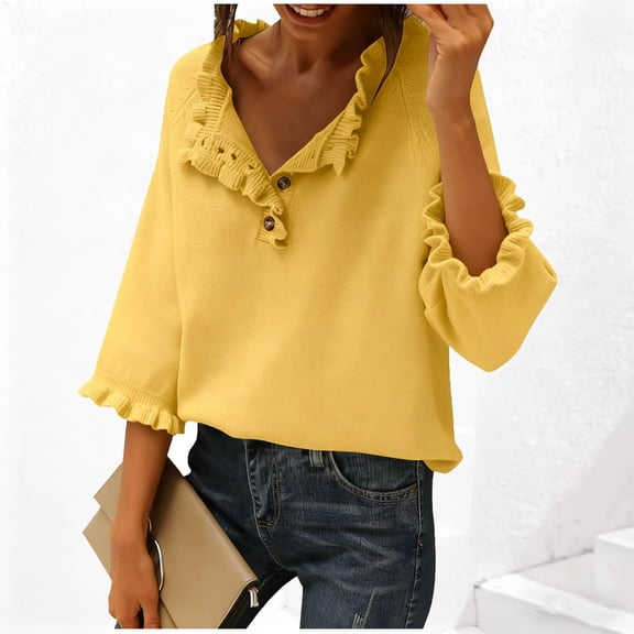 Womens Ruffle Sweaters Fall Winter Cute 3/4 Sleeve Button Ruffle Neck Casual Knitted Pullover Tops Yellow L