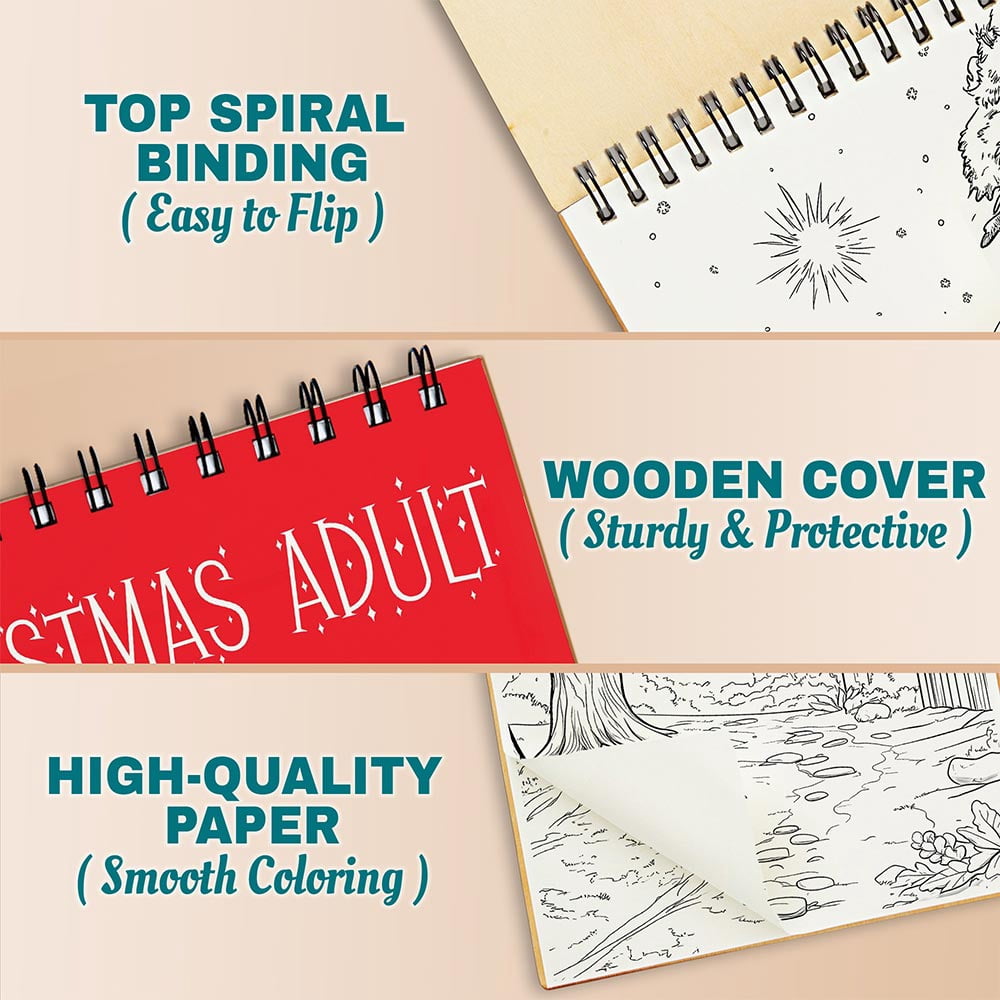 Netecom Christmas Adult Coloring Book Spiral Bound for Adults, A5 Wooden Cover, 30 Beautiful Coloring Pages of Warm Winter Homes for Stress Relief and Relaxation