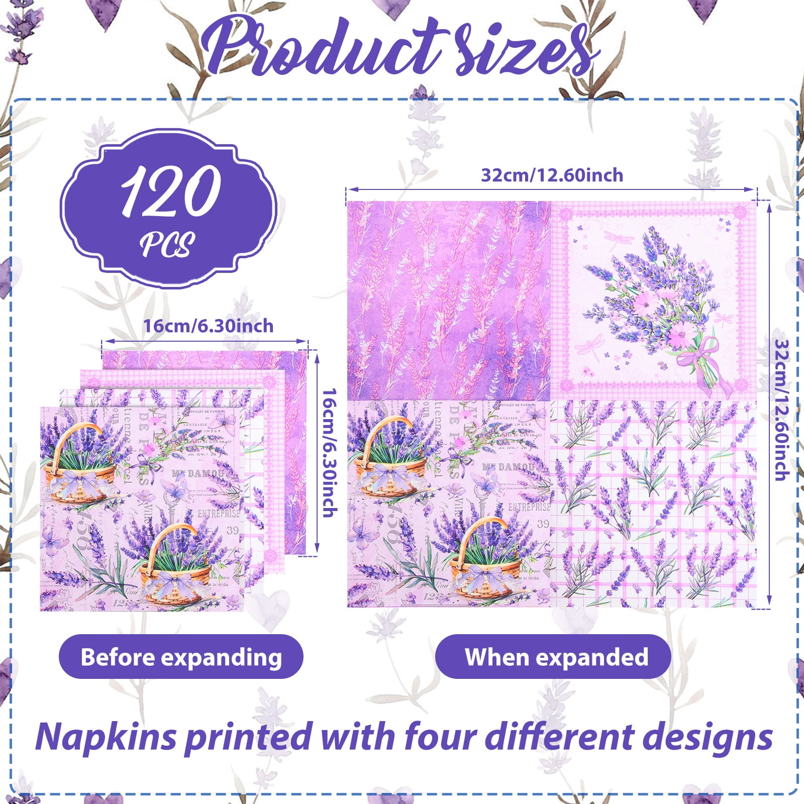 Atopoler 120 Pcs Floral Decoupage Napkins,Decorative Floral Paper Napkin,Flower Hand Towels for Celebrations Tea Party Dinner Wedding,Purple Color