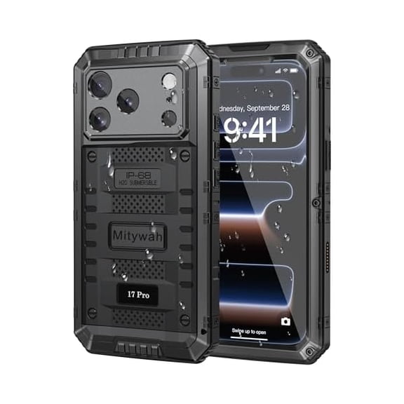 Waterproof Case for iPhone 17 Pro, Rugged Metal Case with Built-in Screen Protector, Heavy Duty Full Body Shockproof Protective Cover 6.3 inch, Black