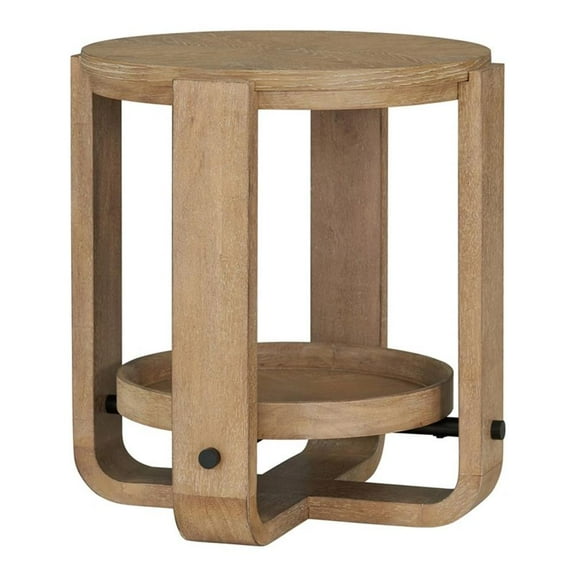 Pemberly Row Traditional Wood Round End Table with Shelf in Natural