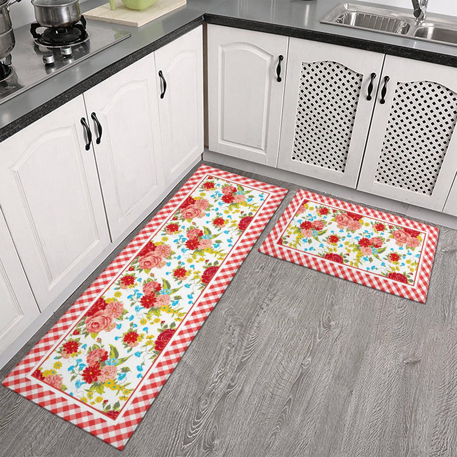 Flower Kitchen Mat Sets 2 Piece Farmhouse Anti Fatigue Waterproof Stain Resistant Floor Rug Non Slip Pioneer Flower Woman Kitchen Laundry Room Rug - 17x30 and 17x47 Inch