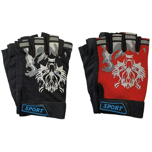2pairs Kids Cycling Gloves Half Finger Sport Gloves Non-slip Gel Gloves Mountain Bike Gloves With Wolf Head Pattern For Children Boys Riding Biking Cl