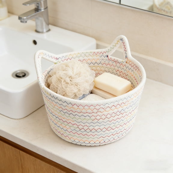 Cat Ear Cotton Rope Makeup Organizer Basket, Decorative Woven Desktop Storage Bin, for Cosmetics Brushes Lipsticks Jewelry Vanity Table Bathroom Countertop Daily Use