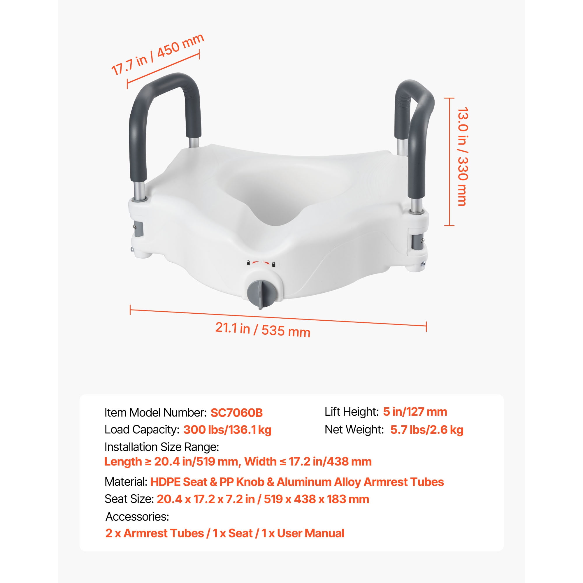 KFFKFF Raised Toilet Seat with Arms, 300 lbs Weight Support, 5-Inch Height Increase, Wide Elevated Commode Seat with Cushioned Handles for Seniors, Adults, and Individuals with Disabilities