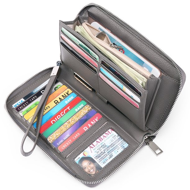 Cartera de mujer de PU con cepillo antirrobo, billetera de mujer de gran capacidad, billetera de múltiples tarjetas larga