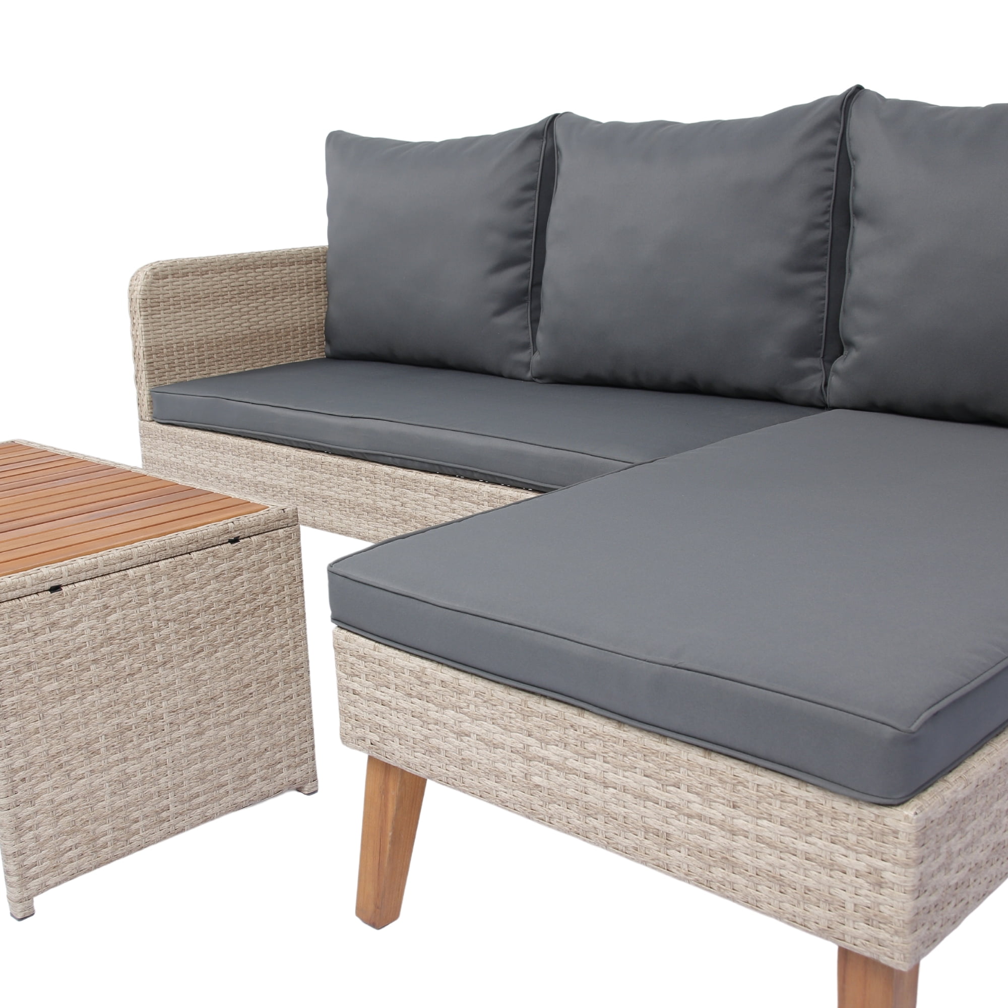 3 Pieces Patio Furniture Set,Outdoor Wicker Rattan Sectional L- Shaped Sofa with Ottoman,Wicker Conversation Set with Coffee Table for Backyard Poolside,Yellow Wicker + Dark Grey Cushion