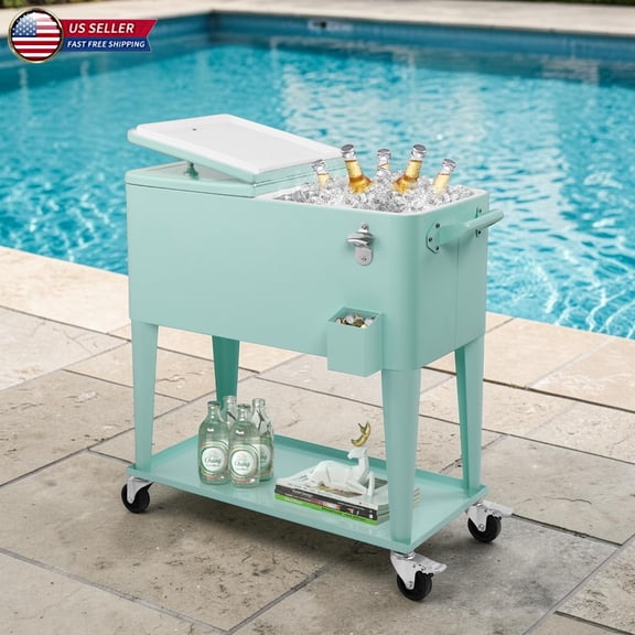 Hassch 80 Quart Rolling Cooler Cart, Mint Green Patio Cooler on Wheels with Bottle Opener, Cap Catcher and Drain Plug, Portable Ice Chest with Lower Shelf for Outdoor Party, Backyard Gathering