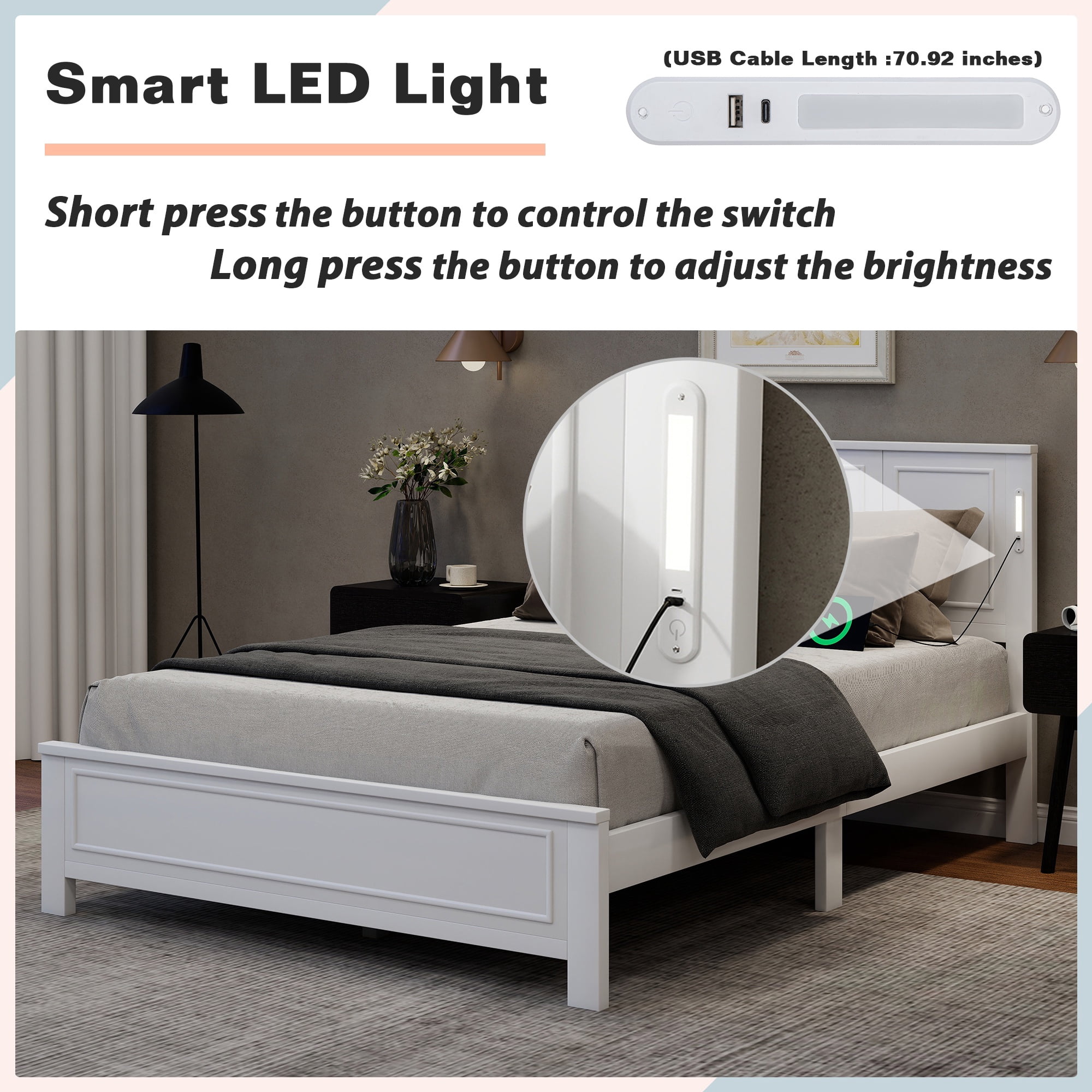 PORKISS Queen Size Platform Bed Frame with LED Lights, USB Charging Station, Solid Wood Queen Bed Frame with Headboard, Wooden Slat Support for Bedroom, White