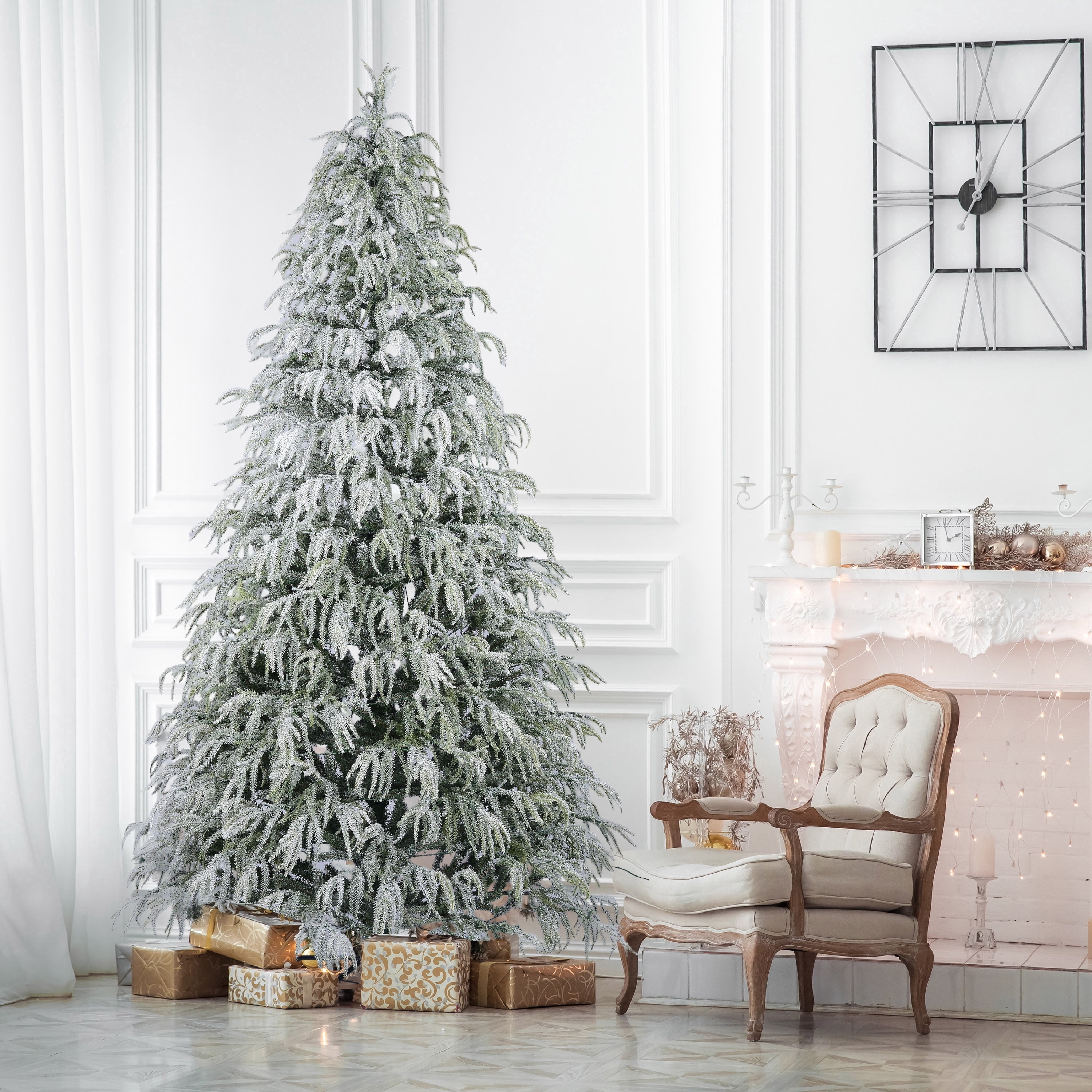 7.5' Pre-Lit Snow-Flocked Preston Green Artificial Christmas Tree with 350 Warm White LED Lights and Stand, by Holiday Time