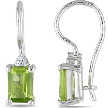 Emerald Cut Peridot Post Earrings - 2 Carat T.G.W. Emerald-Cut Peridot and Diamond-Accent Sterling Silver Hook Earrings
