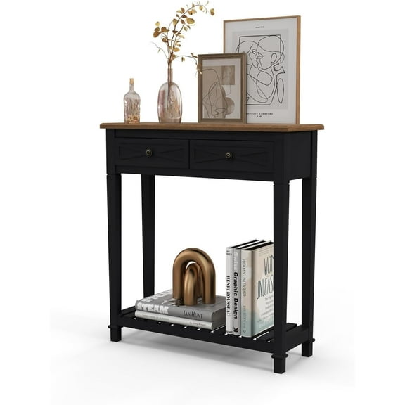 Narrow Entryway Table - Console Table with 2 Drawers, Wood Sofa Table with Storage Shelf, Couch Table Behind Sofa, Farmhouse Entryway Table for Hallway Entryway Living Room, Black