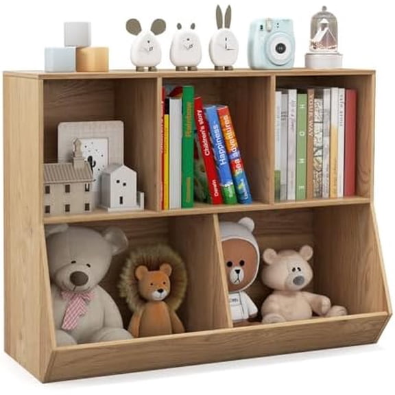 5-Cubby Toy Storage Organizer, Kids Bookshelf with Cube Shelves, Wooden Children’s Bookcases, Baby Organizers and Storage, Book Shelf for Kids Rooms, Playroom, Nursery (Natural)