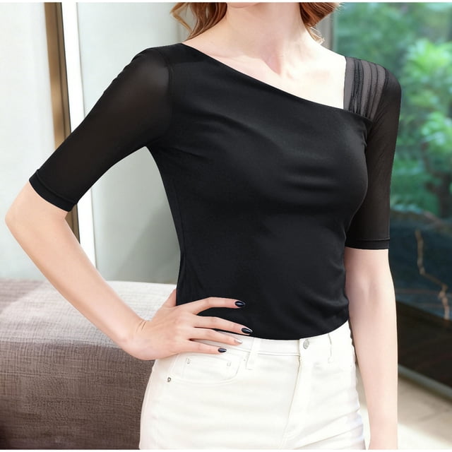 Tejiojio Women's Sheer Mesh Top Asymmetrical Neckline Half-Sleeve Casual Elegant Blouse