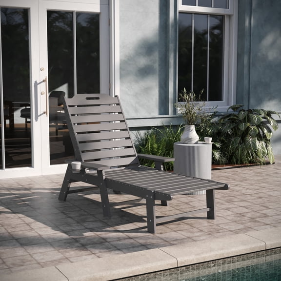Emma Oliver Gray Poly Resin Adjustable Adirondack Lounger with Swivel Cup Holder for Indoor/Outdoor Use