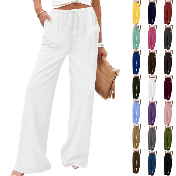 Ninixx Womens Summer Casual Pants Elastic Waist Solid Color Straight Leg Trousers with Pockets