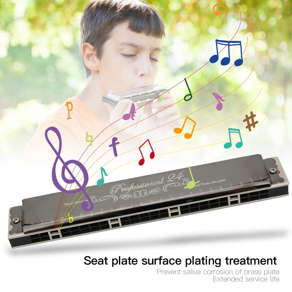 Harmonica Professional Mouthorgan Beginner Gifts 1.2mm Brass Base Plate 24‑Hole Polyphonic(Black G Key)