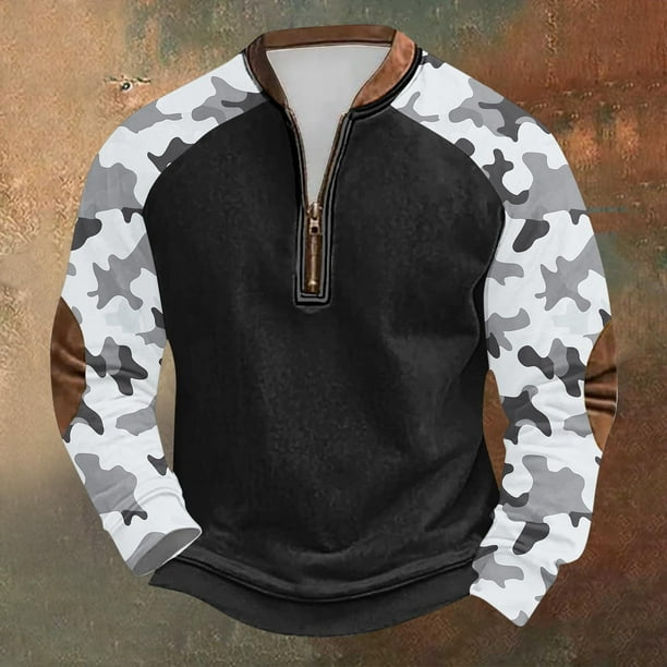 Blusas y camisas de manga larga con cuello redondo para hombre, sudadera con capucha de cuello redondo con cremallera y estampado, sudadera de manga larga, blusa de poliéster para hombre
