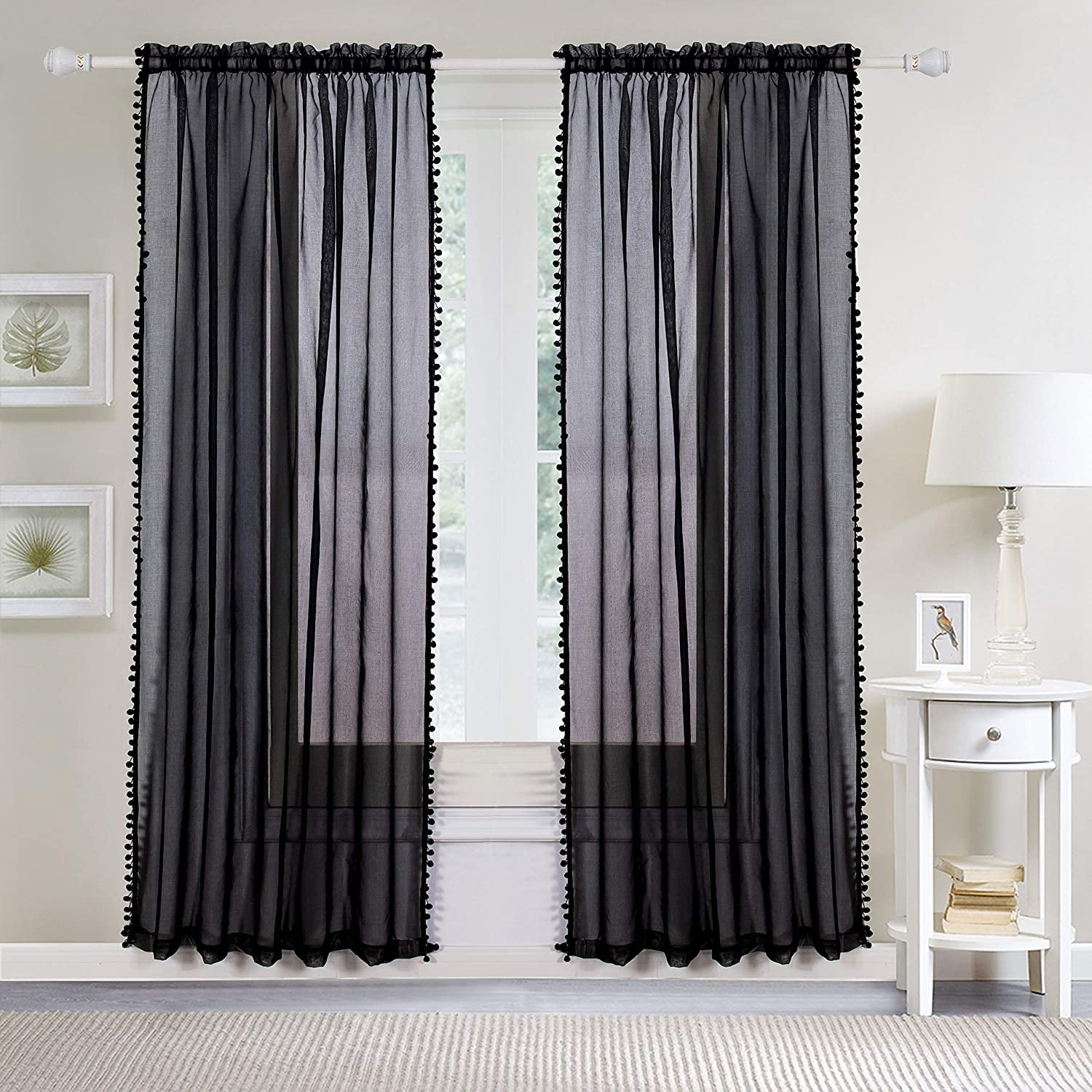 Pom Pom Tassled Sheer Curtain/Panel with 2" Rod Pocket-Set of 2 Curtain Panels,Bedroom