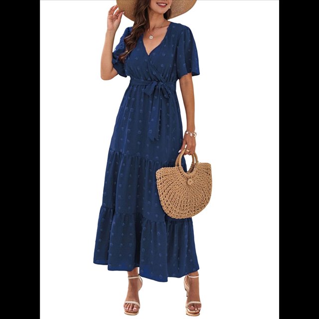Vestido Bohemio de Lunares para Mujer, de Verano, con Cuello en V, Corta, y Fluido, para Invitada A una Boda en la Iglesia Azul L