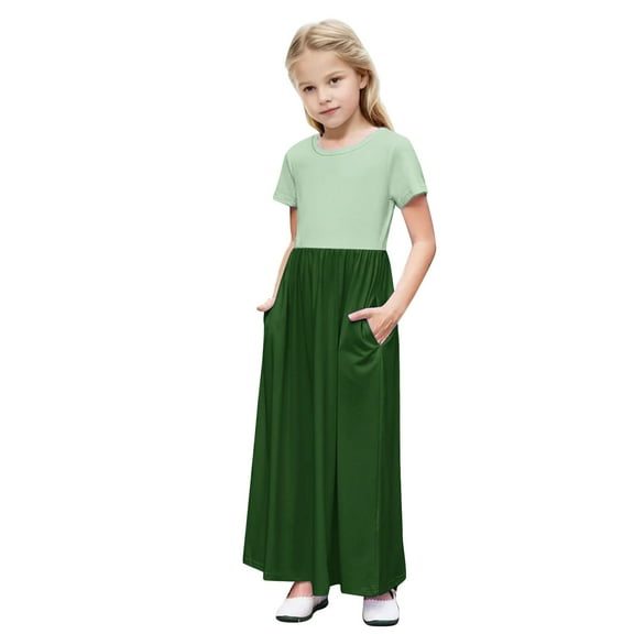 Lenpel Girls' Casual Maxi Dress Short Sleeve Crew Neck Color Block A-Line Dress Summer Long Dresses with Pockets 4-14 Y