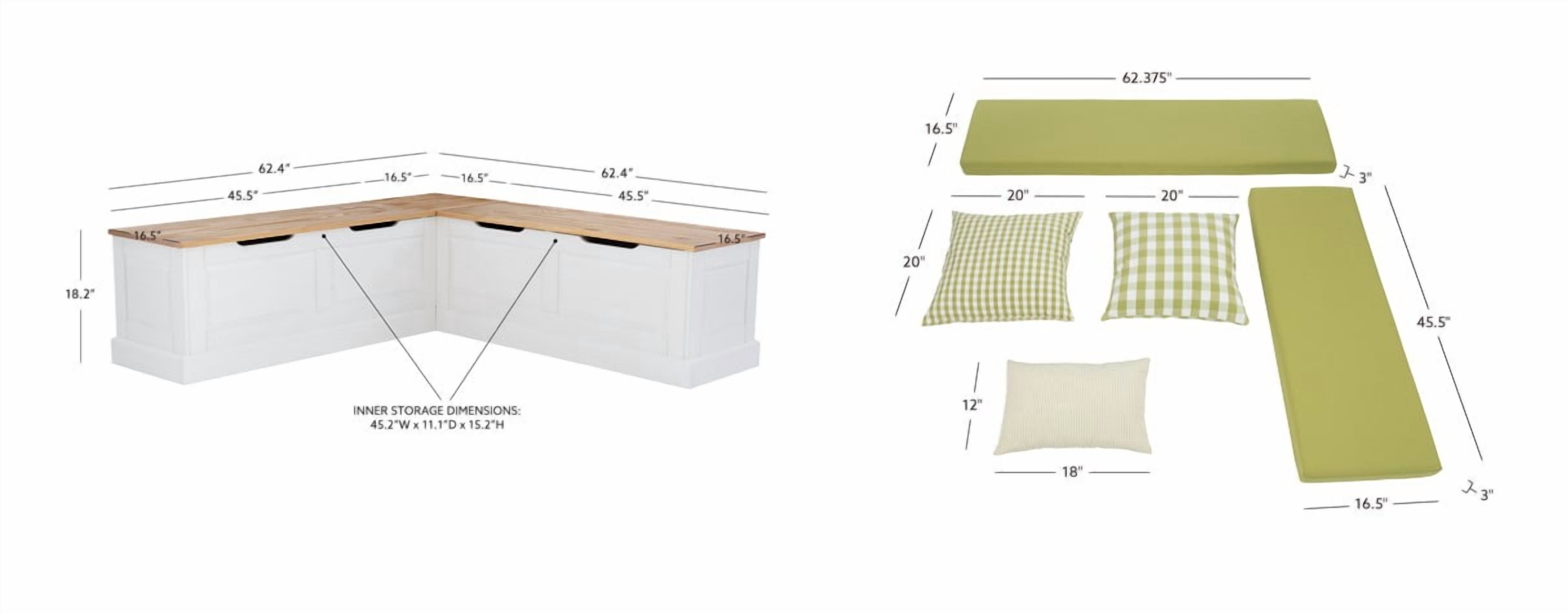 Linon Romero Backless Corner Nook with Storage, 5-Piece Cushion Set, Natural/White/Apple Green