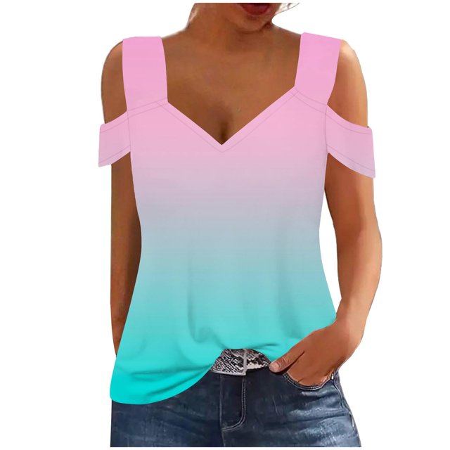 Plebaso Cold Shoulder Womens Gradient Tops V Neck Short Sleeve Blouses Loose Basic Tees Summer Casual Shirts