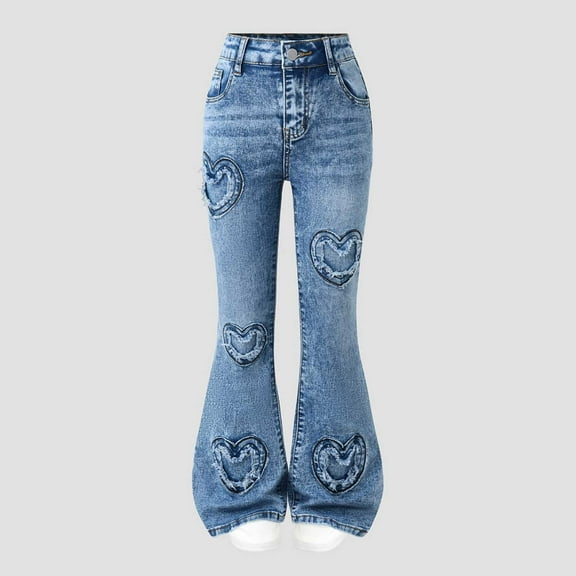 REDARER Girls Embroidered Jeans, Washed Flared Denim Pants with Heart Design, Fashionable Trousers for Kids,Size:12-13 Years