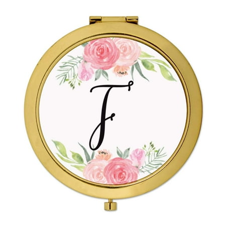Mirror Perch - Andaz Press Compact Mirror Bridesmaid's Wedding Gift, Gold, Monogram Letter F, Peach and Pink Roses, 1-Pack