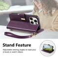 thumbnail image 6 of Floral Embossed Zipper Wallet Case for iPhone 13 Pro Max, Soft TPU and PU Leather with Shoulder Strap & Wrist Strap & Card Slots & Kickstand & Magnetic Clasp, Shockproof Rugged Case Cover, Purple, 6 of 13