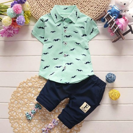 

Kids Boys Summer Short Sleeved Shirt T-shirt Capris Suit Fashionable Mustache Printed Lapel Shirt Capris Two-piece Set