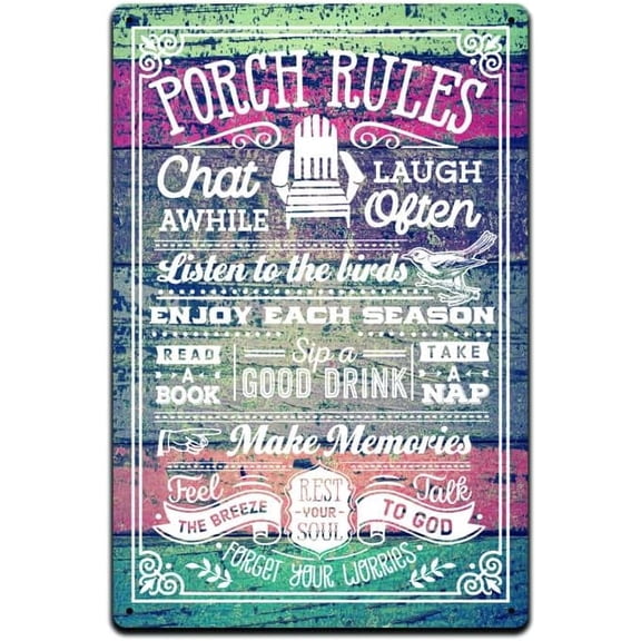 Porch Rules Aluminum Sign, Outdoor Home Porch Wall Decor, Summer Theme, 8 x 12 Inch, Multicolor