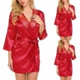 thumbnail image 3 of Zhi Women's Solid Nine-Minute Sleeve Satin Lace Robe, Silky Fabric, Nightwear & Lounge Wear,Red, 3 of 6