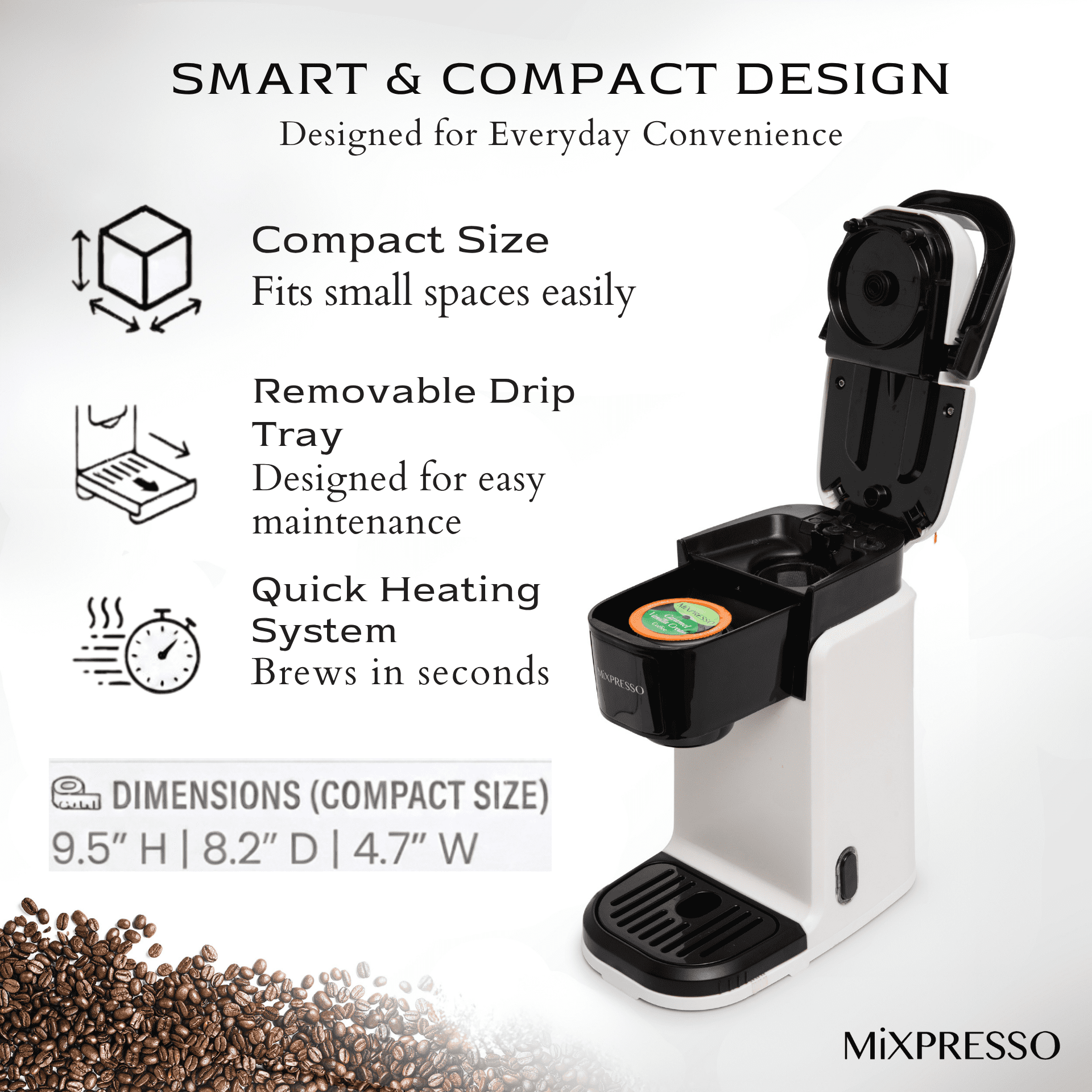Mixpresso Single Cup Coffee Brewer - Quick Brew, One Touch Function, 12oz One Cup Coffee Maker